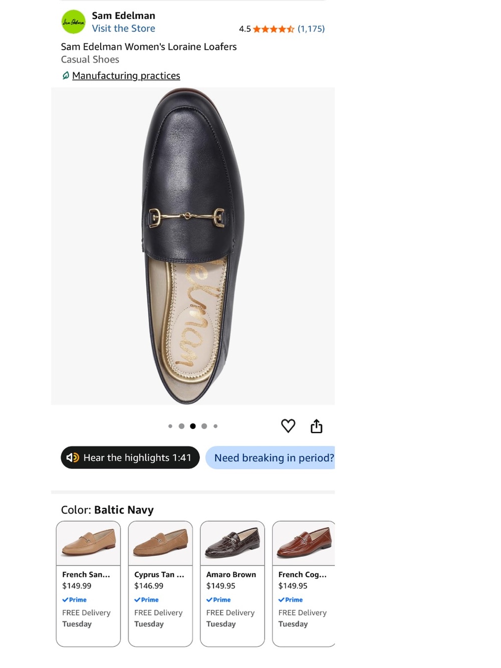 Sam Edelman Black Leather women’s Loraine Loafers with Gold Hardware 7.5